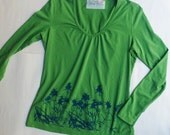 green longsleeve shirt, screenprinted herbalism shirt, women's medium, bee balm, monarda