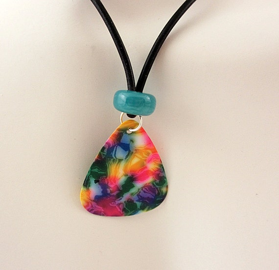 Guitar Pick Necklace Turquoise and Pink Tie Dye