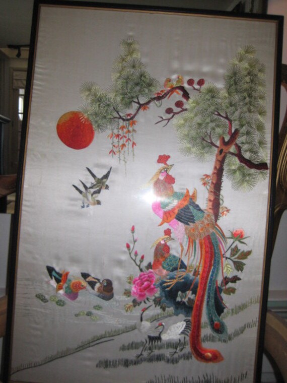 40's Vintage Silk Embroidered Wall Art Oriental by refindliving