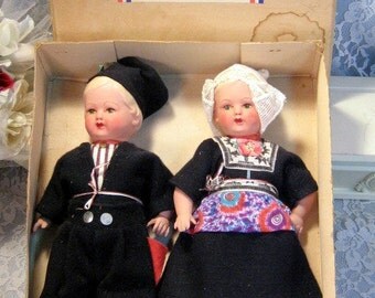 Vintage Composition Dutch Dolls Boy and Girl, Souvenir of Holland, Original Box, 1930s Composition Type Jointed Dolls, Doll Collection