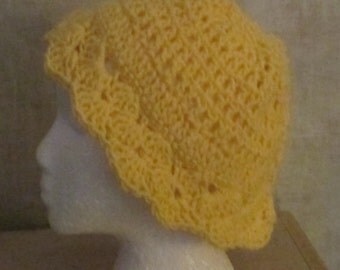 Sale Wearable Art Crochet hat made of Cornmeal Yellow actylic yarn with a hand crochet Shell stitch brim