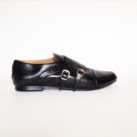 Faux Leather Vegan Monk Strap Flats Shoes Handmade by goldenponies
