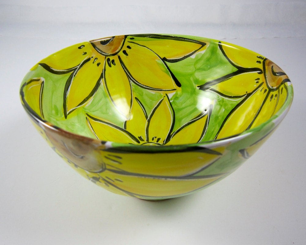 Ceramic Serving Bowl Yellow Sunflowers on Lime Green Pottery