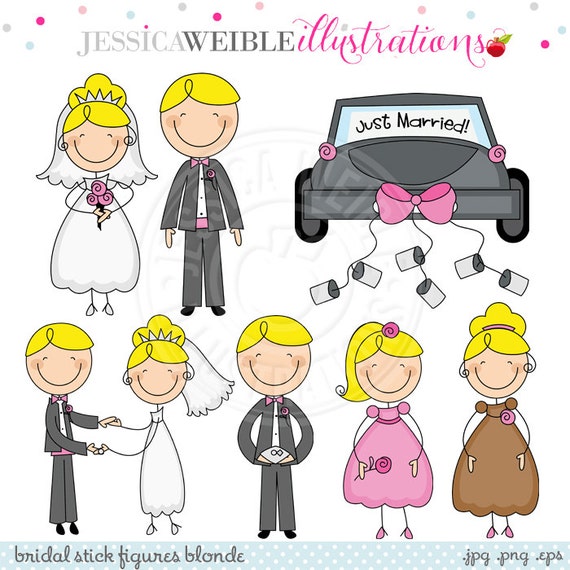 Bridal Stick Figures -BLONDE- Cute Digital Clipart - Commercial Use OK - Wedding Stick Figures, Bridal Party Stick Figure Clipart Il_570xn