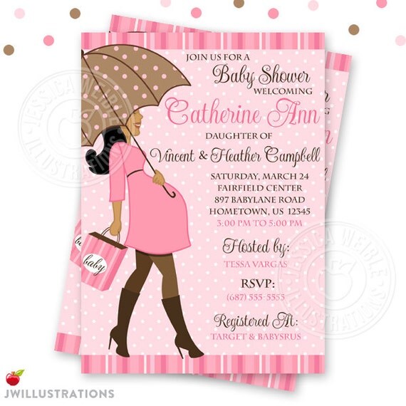 Pink Girl Dark Baby Bump Baby Shower Printable Invitation- Custom 4x6 or 5x7 Shower Invitation, Girl Baby Shower Printable Invitation Il_570xn