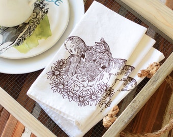 Cloth Napkins - Eco Friendly Dinner Napkins - Screen Printed Cloth Napkins - Dairy Cow - Daisy - Farmhouse - Handmade Cotton Cloth Napkins