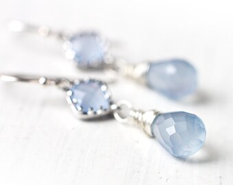 Pastel Cornflower Blue Earrings in Sterling Silver, Silver Dangle Earrings with Blue Connector