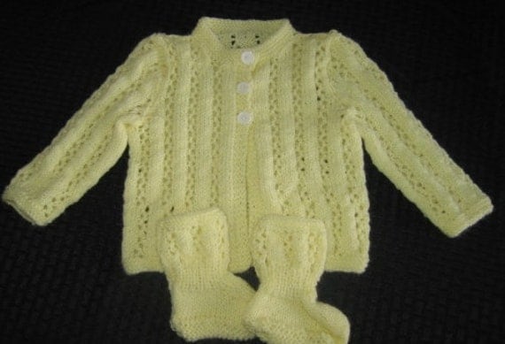 Handknit Yellow Baby Button Sweater and Booties New Baby