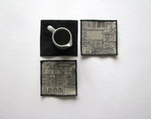 taupe and black mug rugs - fabric trivets - set of 3x - hostess gift - architectural facades print - modern home gift