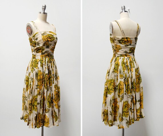 vintage silk chiffon dress / 1950s floral dress / floral