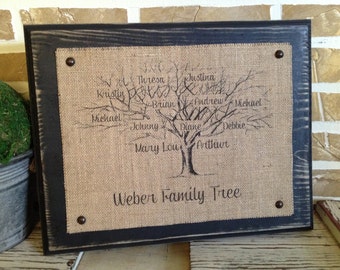 Family Tree | Family Name Sign | Mother's Day Gift | Family Reunion |Family Tree - Burlap Wall Hanging with Distressed Wood Backing