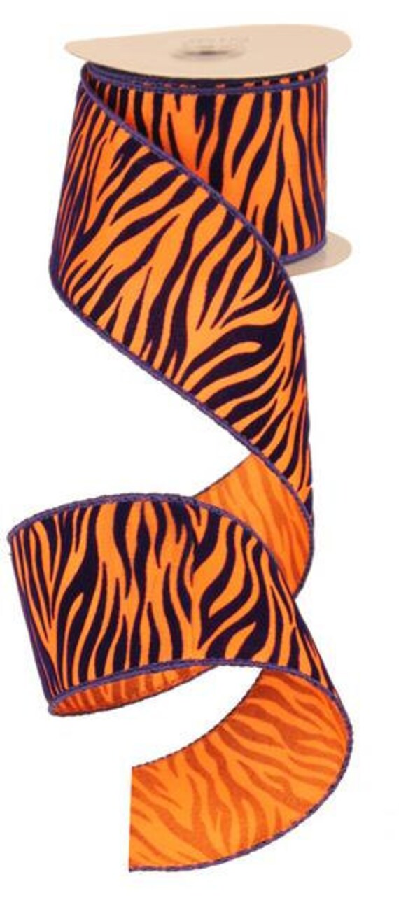 Orange Navy Blue Tiger Print Flocked Wired Ribbon RW6086CF