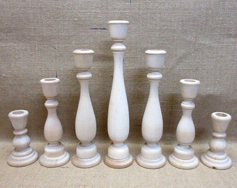 Wooden Candle Holders / Candlesticks 11, 9, 6-3/4, 4 Inches Tall Lot Of 7 Wedding Set
