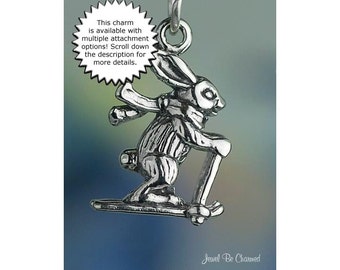 Skiing Rabbit Charm Sterling Silver Cute Winter Ski Bunny on Skis .925