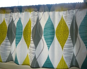 Teal Curtain Panel Valance Cafe Curtain Grey Yellow Green Rod Pocket Ruched or Flat 54" x 18" 100% Cotton