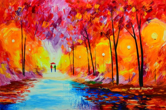 Couple Paintings Love Rain Park Rainy Night Large Original Oil