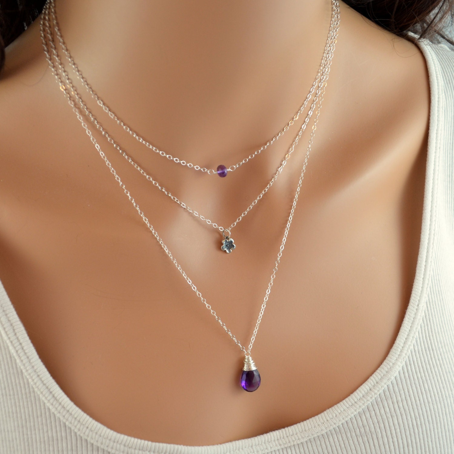 Real Amethyst Necklace Sterling Silver Layering Set Gemstone