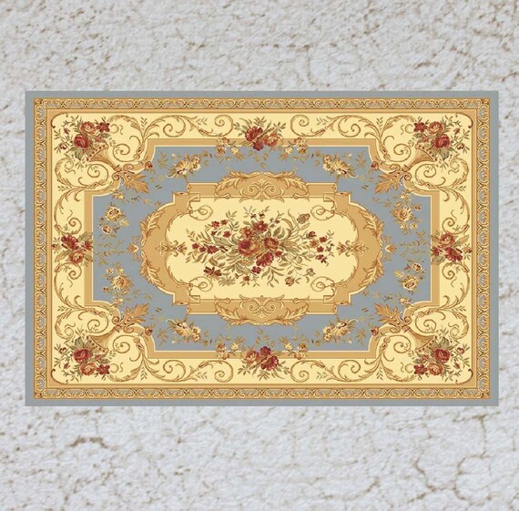 Miniature Rug Elegant Blue and Yellow Floral Aubusson in Large