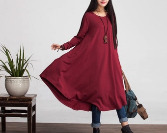 Loose Fitting Cotton Long Shirt Blouse Dress for Women - Long Sleeved Women Clothing