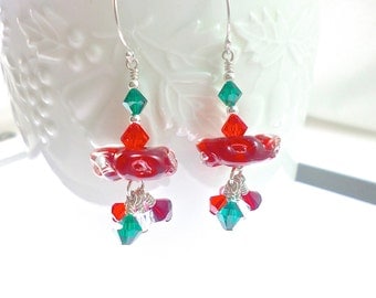 Glass Bead Earrings, Red Dangle Earrings, Boro Lampwork Earrings, Lampwork Jewelry, Beadwork Drop Earrings, Beaded Earrings