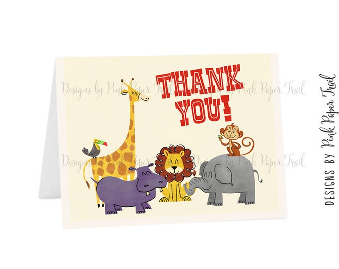 Retro Safari Animals Thank You Card,, Instant Download, Print your own