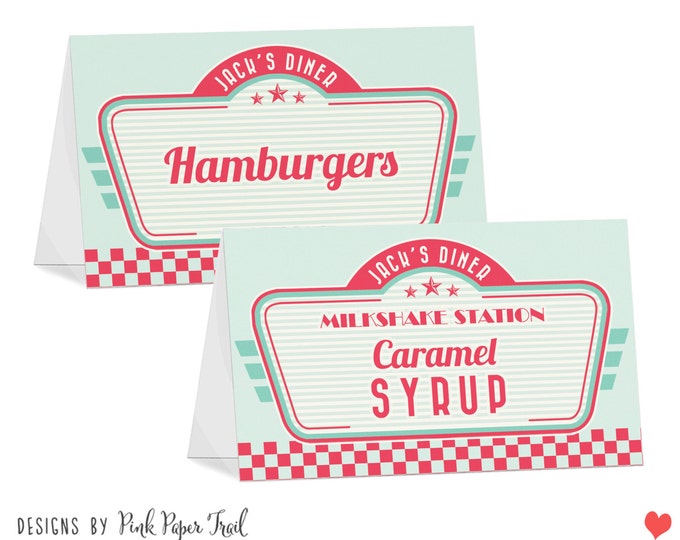 Retro Diner Themed Table Tent Cards, Customizable Text, Print Your Own