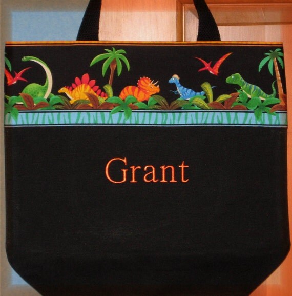 Personalized dinosaur tote bag for boys black canvas kids preschool ...