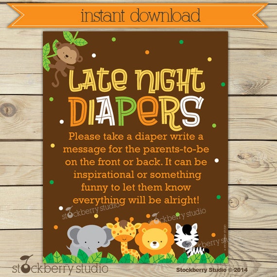 Safari Baby Shower Late Night Diaper Game - Jungle Baby Shower Games Printable - Diaper Thoughts Message Game - Instant Download - Sign Il_570xn