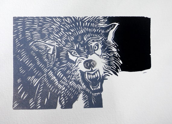 Snarling Wolf Hand Printed Linocut by StoneTriggerPress on Etsy