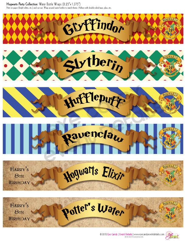 harry potter inspired hogwarts printable water bottle labels