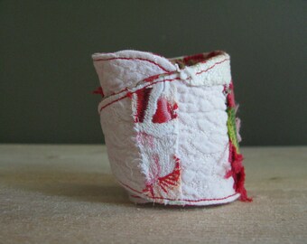 floral red wrist cuff - textile collage wrist cuff - rasperry and pink textile bracelet - mothers day gift - cross stitched remnants cuff