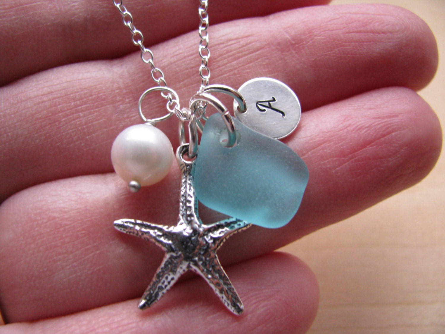 Sea Glass Jewelry Bridesmaid Gift Starfish Necklace Teal Aqua
