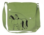 Grass green cotton canvas messenger bag with hourses printed, crossbody bag, canvas purse Grass green cotton canvas messenger bag with hourses printed, crossbody bag, canvas purse