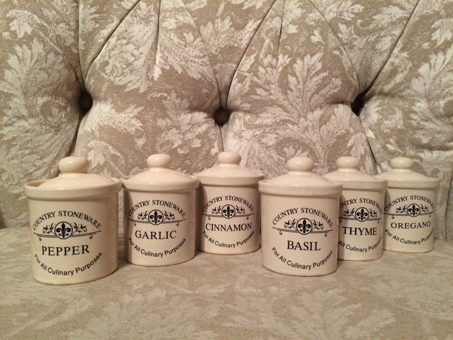 Six Stoneware Spice Jars With Lids Country Stoneware Pepper