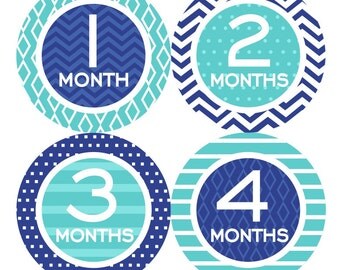 Baby Month Milestone Stickers FREE Baby Month Sticker Baby Monthly Stickers Baby Boy Bodysuit Sticker Baby Gift Chevron Navy Blue Teal 069B