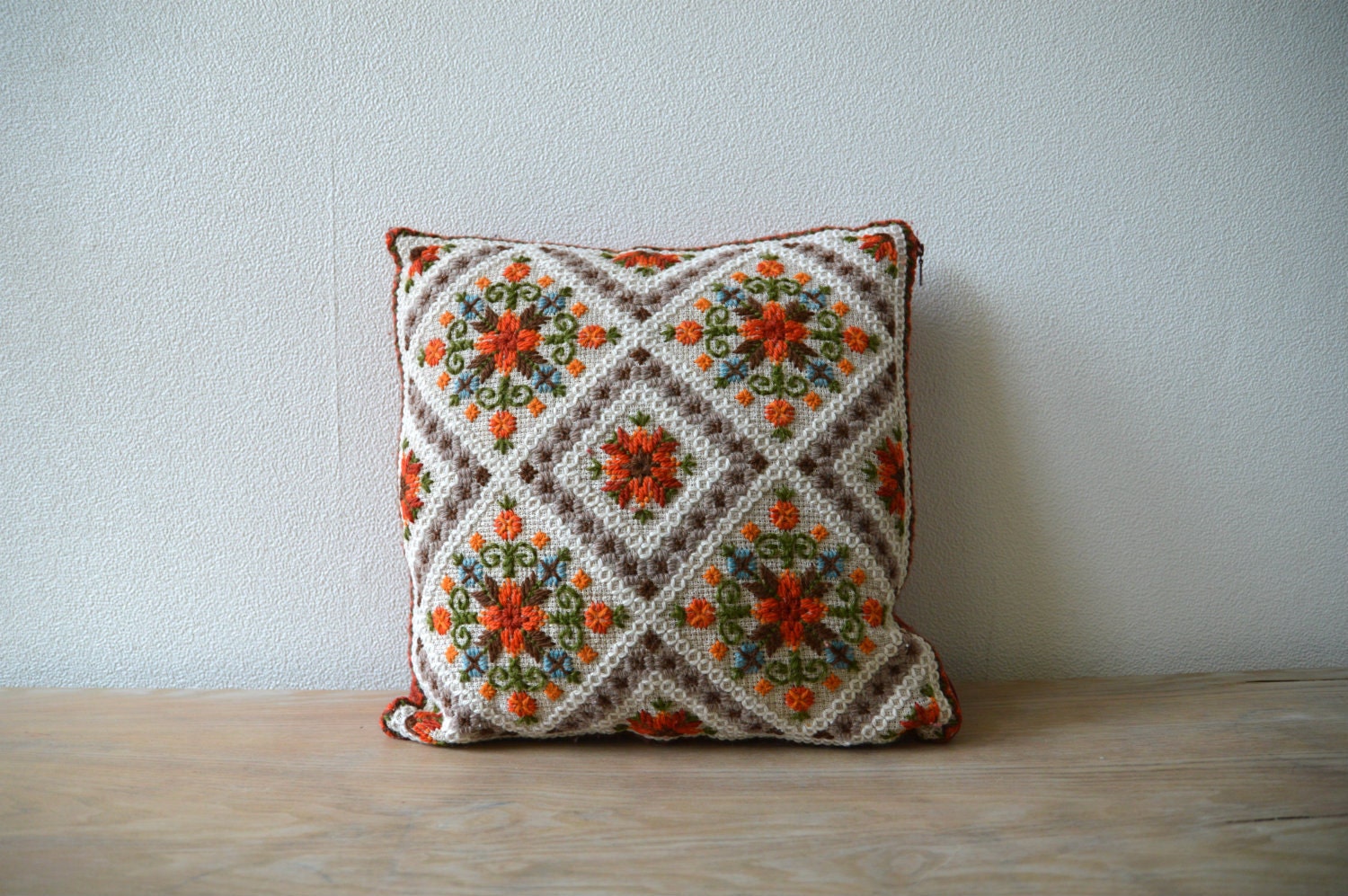 Vintage Embroidered Pillow Cover 14x14 Cross Stiched Pillow