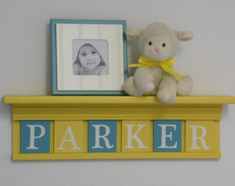 Yellow and Turquoise Nursery Wall Decor Personalized Name Shelf with Wooden Letters in Teal / Yellow, Baby Girl Nursery Decor