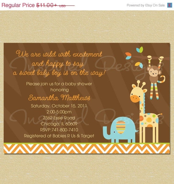 ON SALE Orange Modern Chevron Jungle Animals Baby Shower Invitation - Boy Il_570xn