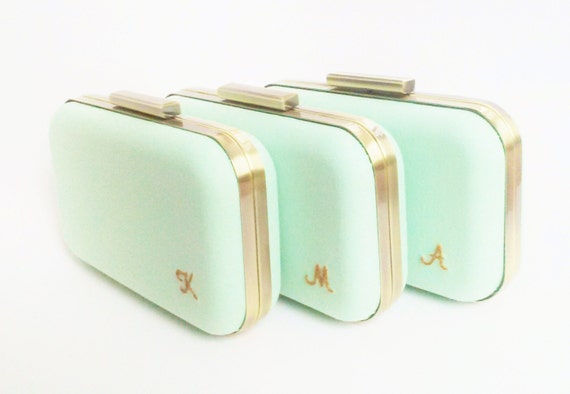 bridal party gift, set of 3 bridesmaid clutches, mint bridesmaid, mint gold wedding, mint minaudiere, coral wedding, wedding clutches