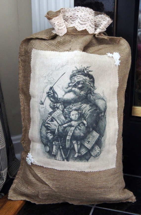 Christmas Burlap Sack, Gift Bag, Holiday Decor - OOAK