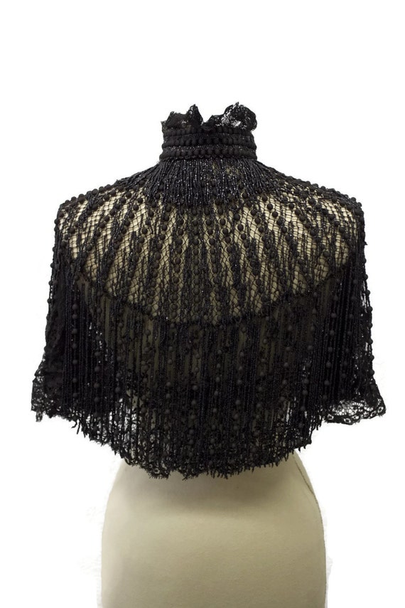 Victorian Cape Silk Beads Heavily Beaded Jet Black Mourning Capelet Museum Quality French design RARE piece Bust 36 Size M Medium Coat by VintageClothingDream steampunk buy now online
