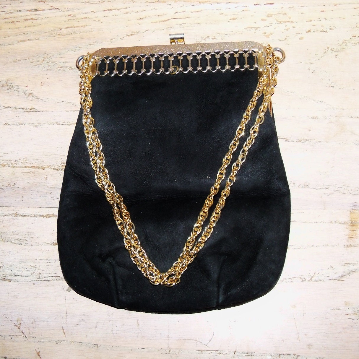 Vintage Handbag Black Suede Gold Trim Evening Purse Wedding Accessories ...