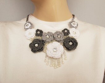 Bib necklace,crochet jewelry ,crochet bip necklace,crochet necklace, fiber necklace ,
