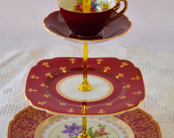 Maroon Burgundy Cakestand 3 Tier Vintage China Tea Stand for Weddings, Tea Parties, Displays, Showers, Jewelry Stand FREE shipping