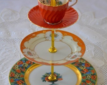 Orange and Gold Cakestand 3 Tier Vintage China Tea Stand for Weddings, Tea Parties, Displays, Showers, Jewelry Stand FREE shipping