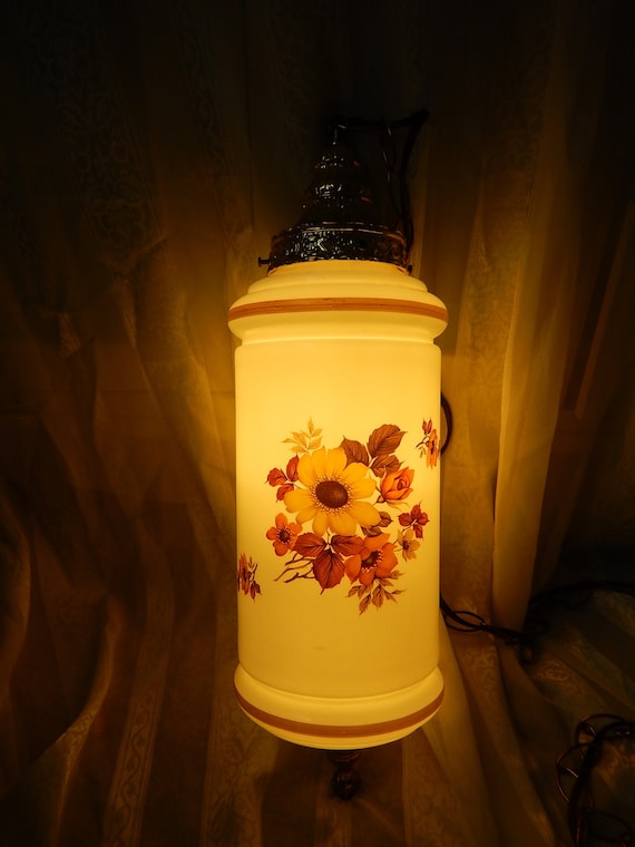 Swag Floral milk glass HANGING lamp white glassorange rust