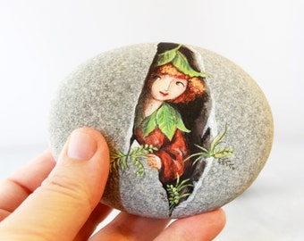 Painted stone. Unique collectible stone Express Free shipping. Fairy, sprite of the forest painted rock. Beach pebbles art.