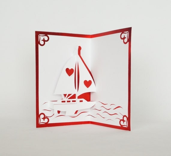 LOVE BOAT VALENTINE’s Day 3D Pop Up Card Handmade Handcut in Metallic Red and White One Of A Kind