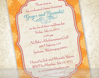 wedding invitations, tangerine and goldenrod Moroccan wedding invitations, tangerine tango and turquoise bridal shower invitations, IN364