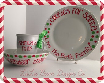 Personalized Cookies and Milk for Santa Plate, Mug, and Reindeer Treats Bowl Set